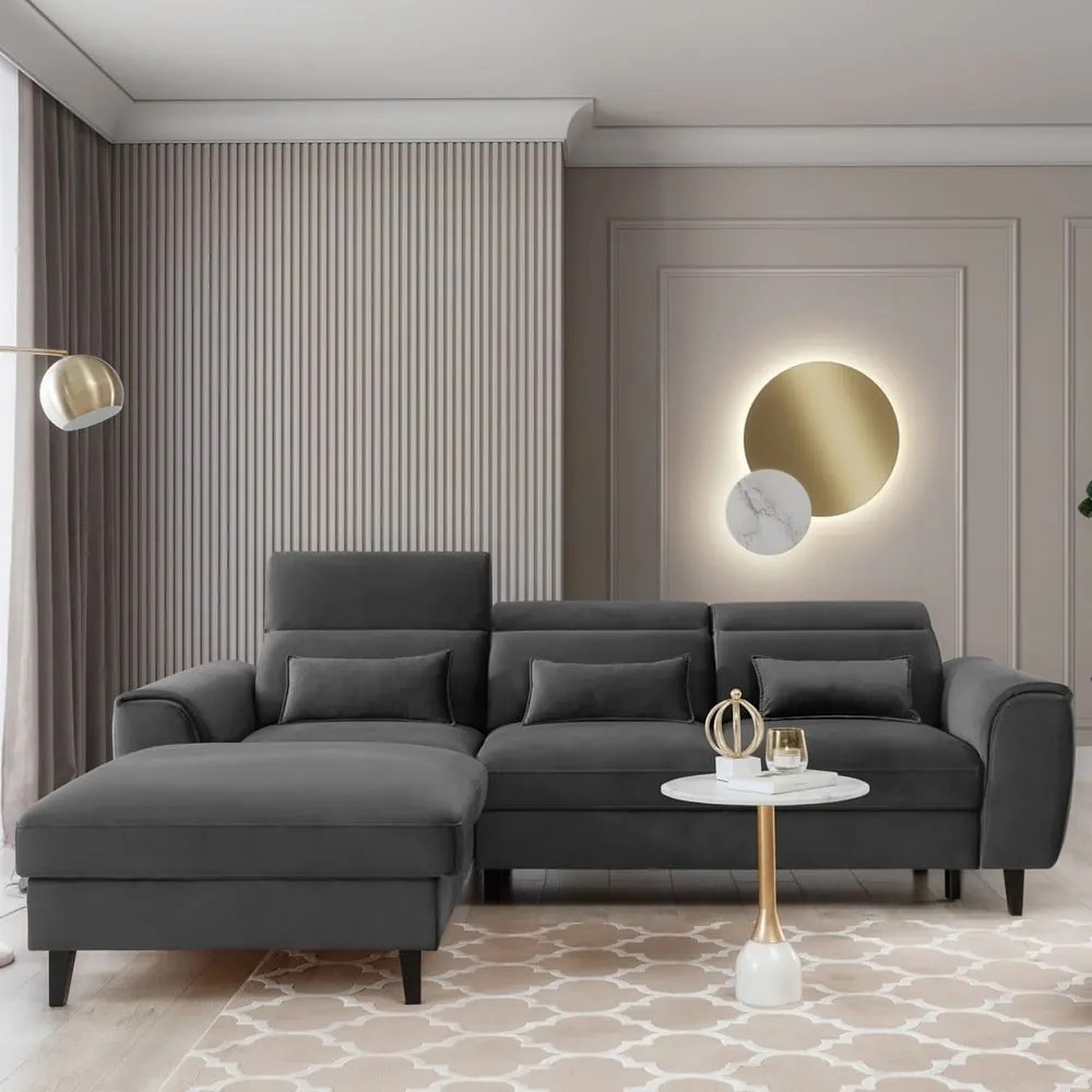 Sötétszürke bársony kinyitható-tárolóhelyes sarokkanapé (bal oldali-heverő résszel) Foble – ELTAP