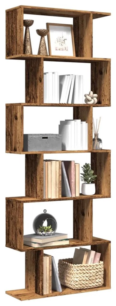 6 szintes antik fa színű fa elválasztó könyvespolc 70x24x193 cm