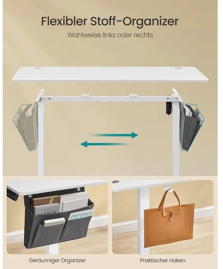 Elektromosan állítható magasságú íróasztal, 60 × 140 × 72–120 cm –, felhő fehér színben