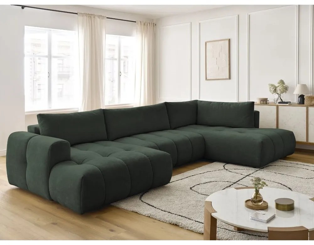 Zöld kinyitható-tárolóhelyes sarokkanapé (jobb oldali-U alakú) Fuji – Bobochic Paris