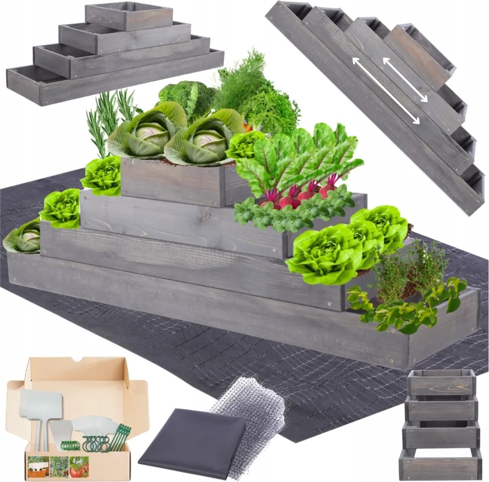 Lépcsőzetes zöldségtartó állítható virágtartó magasított impregnált 36x120x30