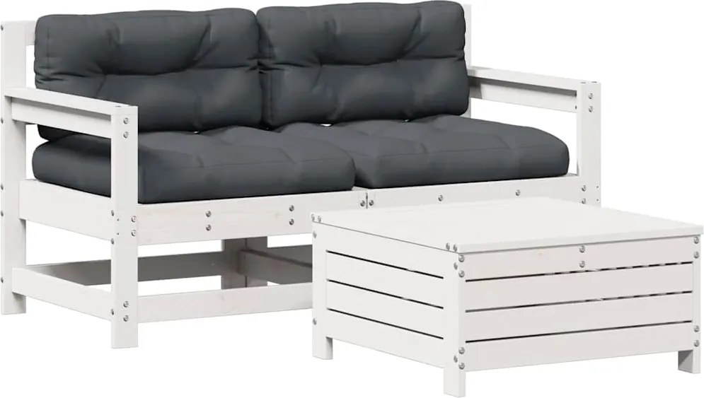 vidaXL 3 részes fehér tömör fenyőfa kerti ülőgarnitúra párnákkal