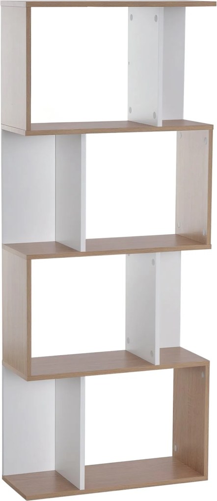 HOMCOM Kortárs S-alakú könyvespolc tárolóegység 4 polccal 60L x 24W x 148H cm Tölgy Fehér | Aosom