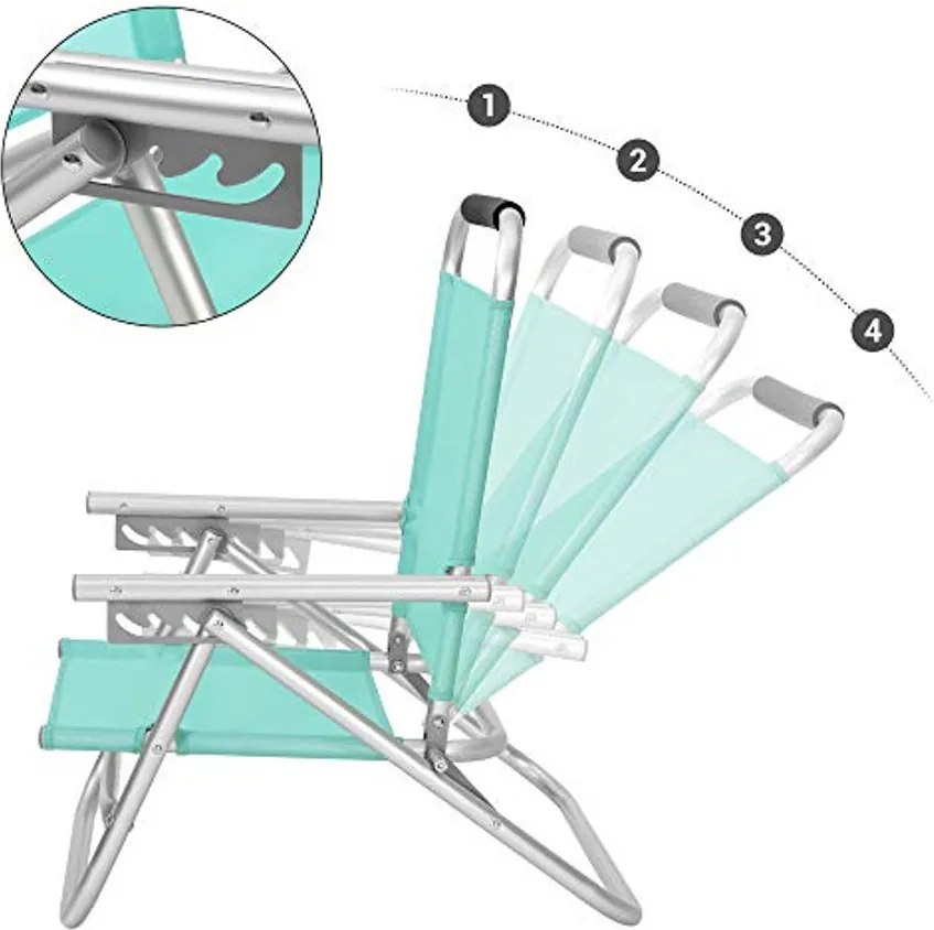 Hordozható strandszék 4 pozícióban dönthető háttámlával, összecsukható, légáteresztő és kényelmes szövet, zöld