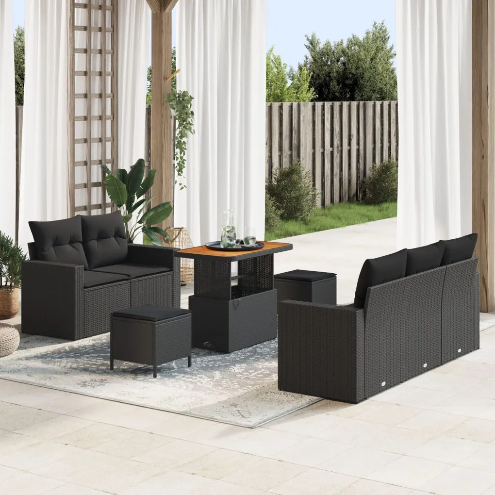8 darabos kerti kanapé szett párnákkal fekete poly rattan akáccal, 3 darabos kerti étkező szett párnákkal fekete poly rattan akáccal