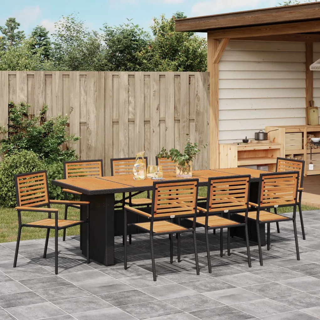 9 darabos kerti étkezőszett fekete poly rattan akáciából