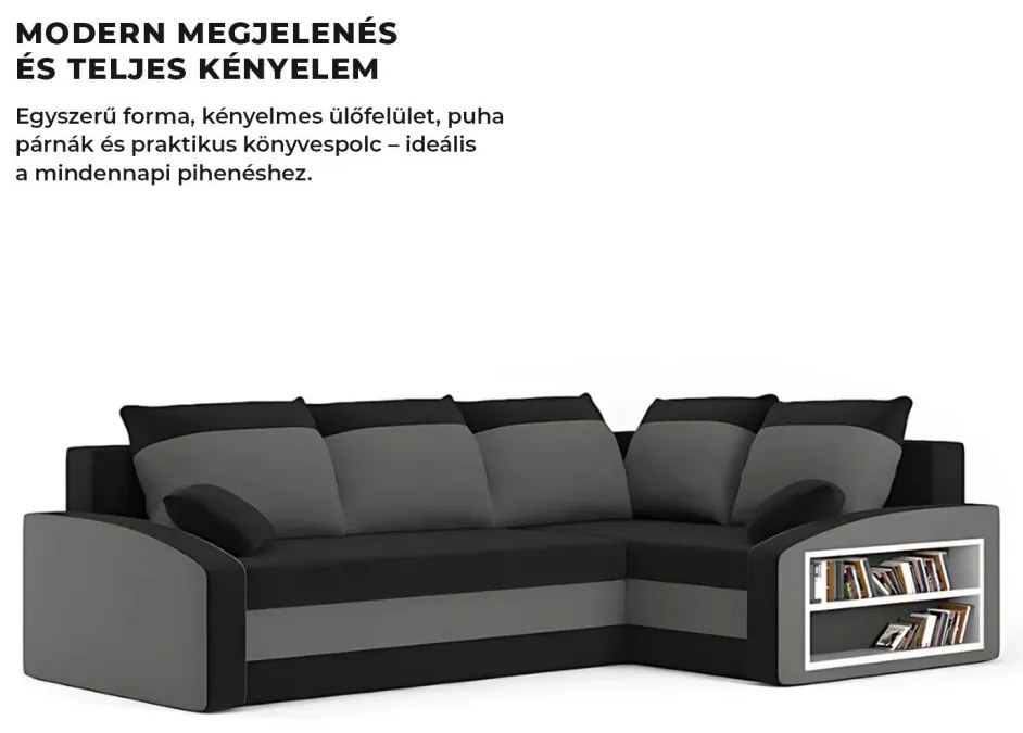 Grande sarokkanapé polcokkal , polc a jobb karfaban, jobboldali, szövet anyag, bonell töltet, fekete - szürke