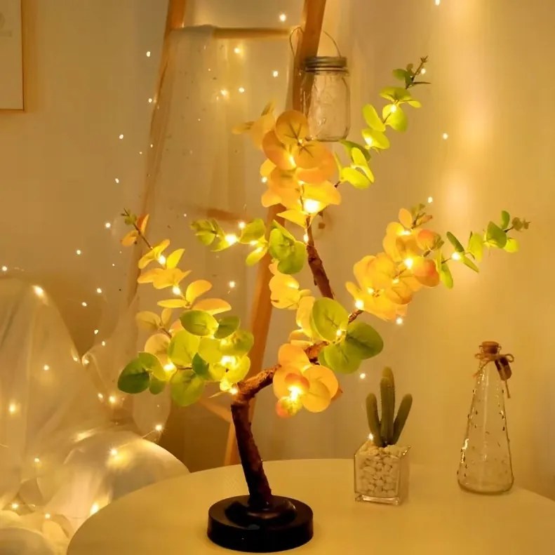 Led Lámpa Fa Eukaliptusz Bonsai rózsaszín rózsa virágok Ajándék 55cm