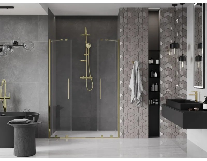 Mexen Velar Duo, nyitható tolóajtó 150x200 cm, 8mm átlátszó üveg, arany fényes, 871-150-000-02-50