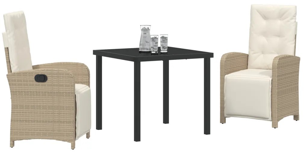 3 Részes Kerti Étkezőszett Párnákkal Bézs Poli Rattan, Kerti Asztal Fekete 80x80x73 cm Edzett Üveg