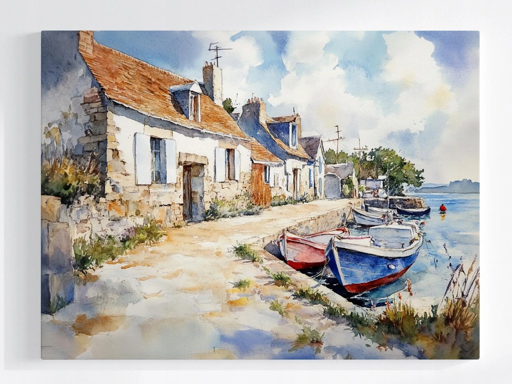 Poszter Halászfalu Bretagne Tenger Akvarell 80x60