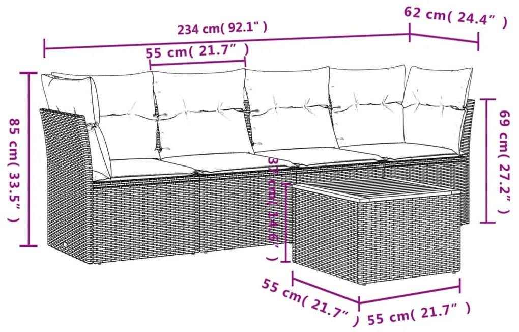 5 részes fekete polyrattan kerti kanapészett párnákkal