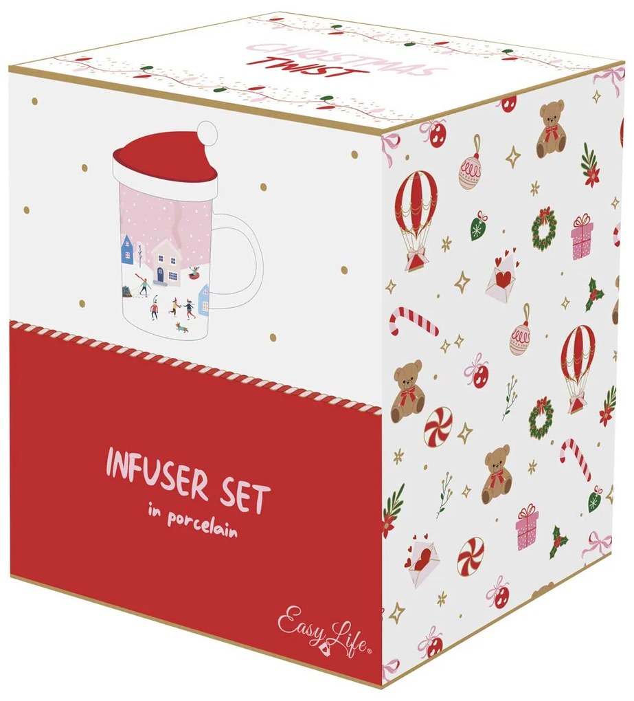 Karácsonyi Porcelán teás bögre 370 ml tetővel fém szűrővel díszdobozban Christmas Twist