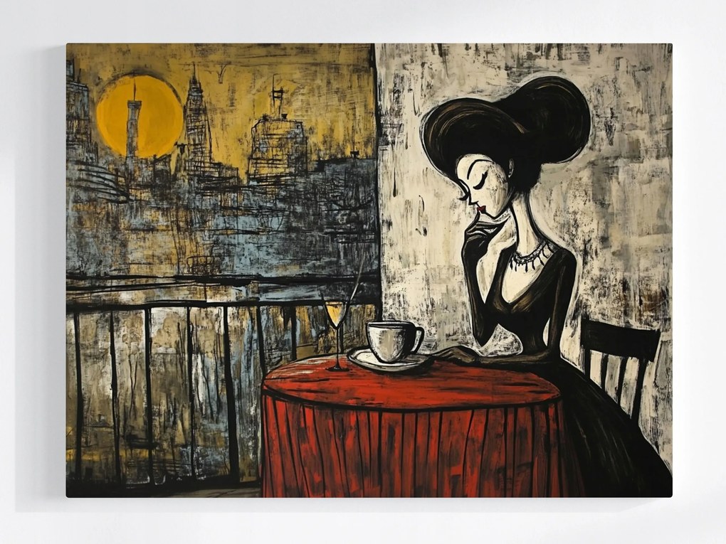 Vászonkép Canvas Város Erkély Terasz Nő Hölgy Kávé Bor 80x60