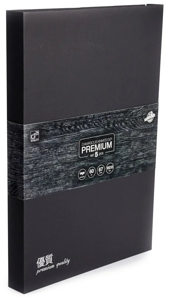 G21 Damascus Premium késkészlet bambusz blokkban, doboz, 5 db + köszörűkő