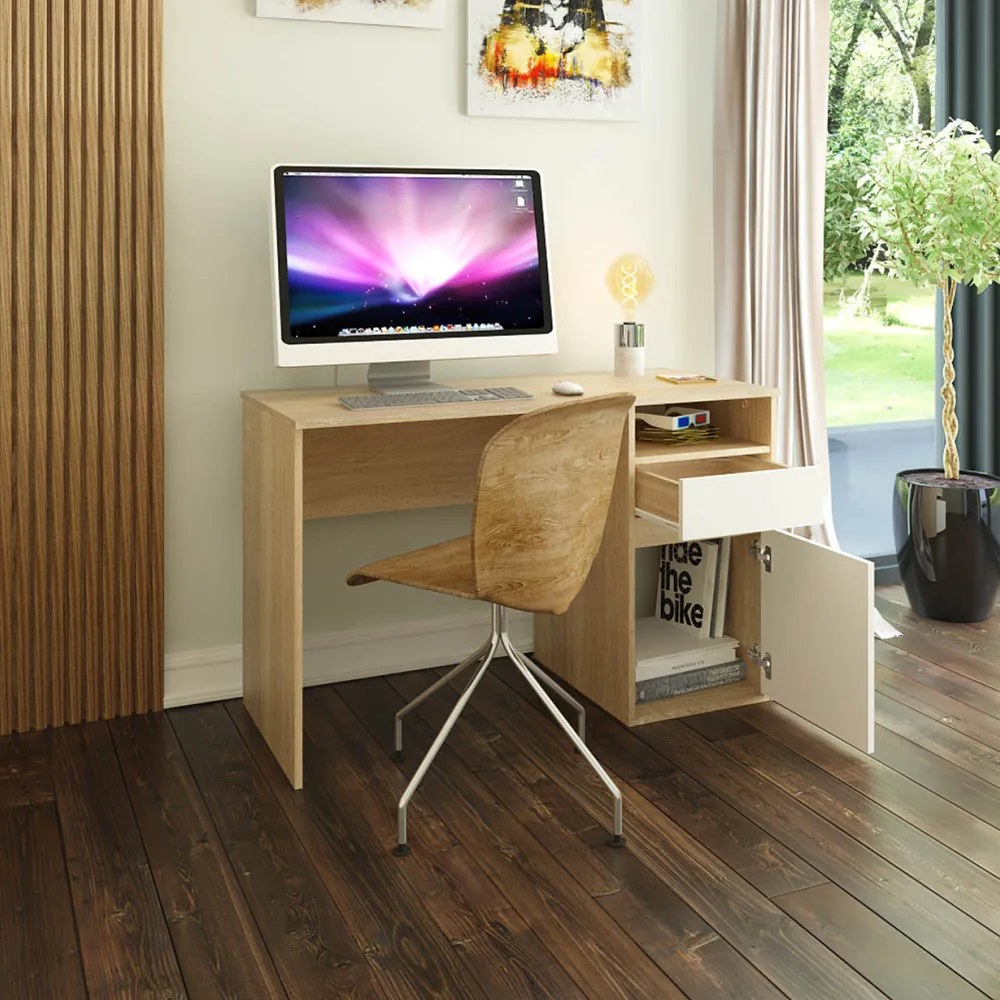 PC asztal, sonoma tölgy/fehér, BILI NEW