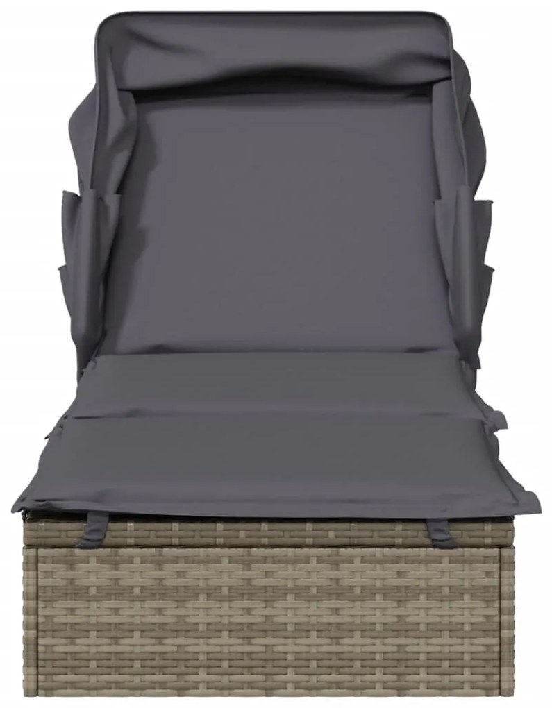 Szürke polyrattan napozóágy összecsukható tetővel 213x63x97 cm