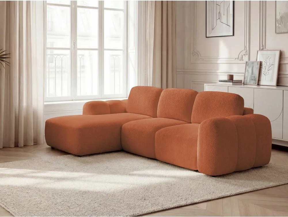 Narancssárga buklé kinyitható-tárolóhelyes sarokkanapé (bal oldali-heverő résszel) Montaigne – Bobochic Paris