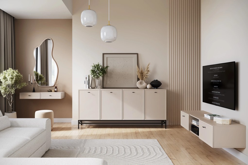 Lorini négyajtós komód 200 cm - kasmír / fekete T-bar fogantyúk / fém lábak