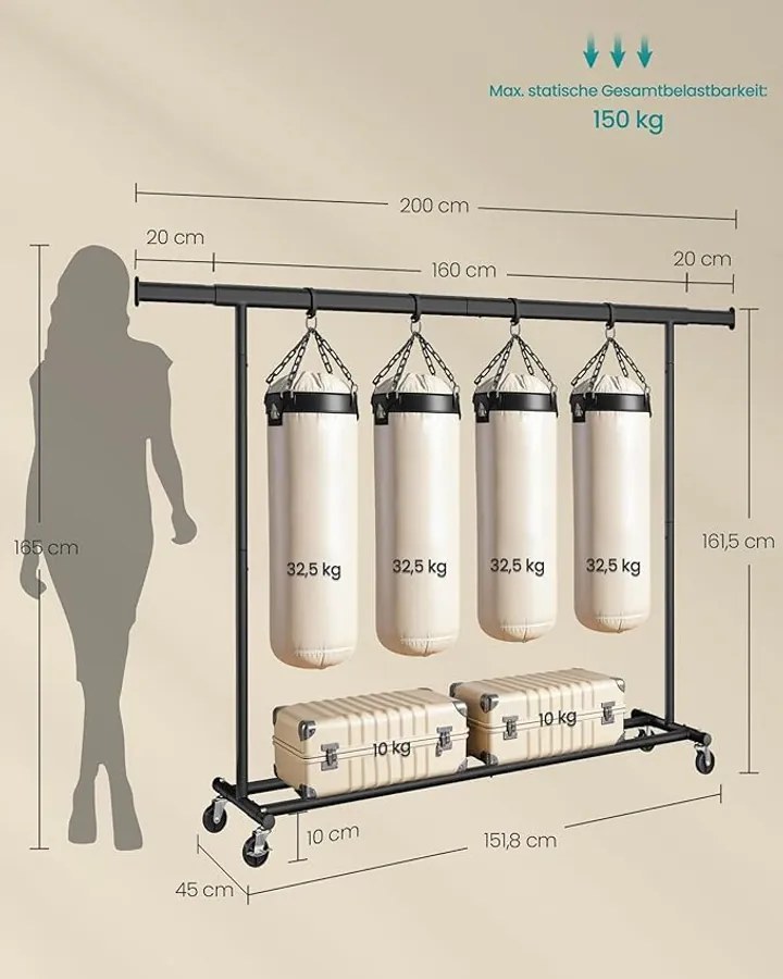 Ruhatartó állvány kerekekkel, nagy teherbírású gurulós gardróbállvány, max. 150 kg terhelhetőség, fekete