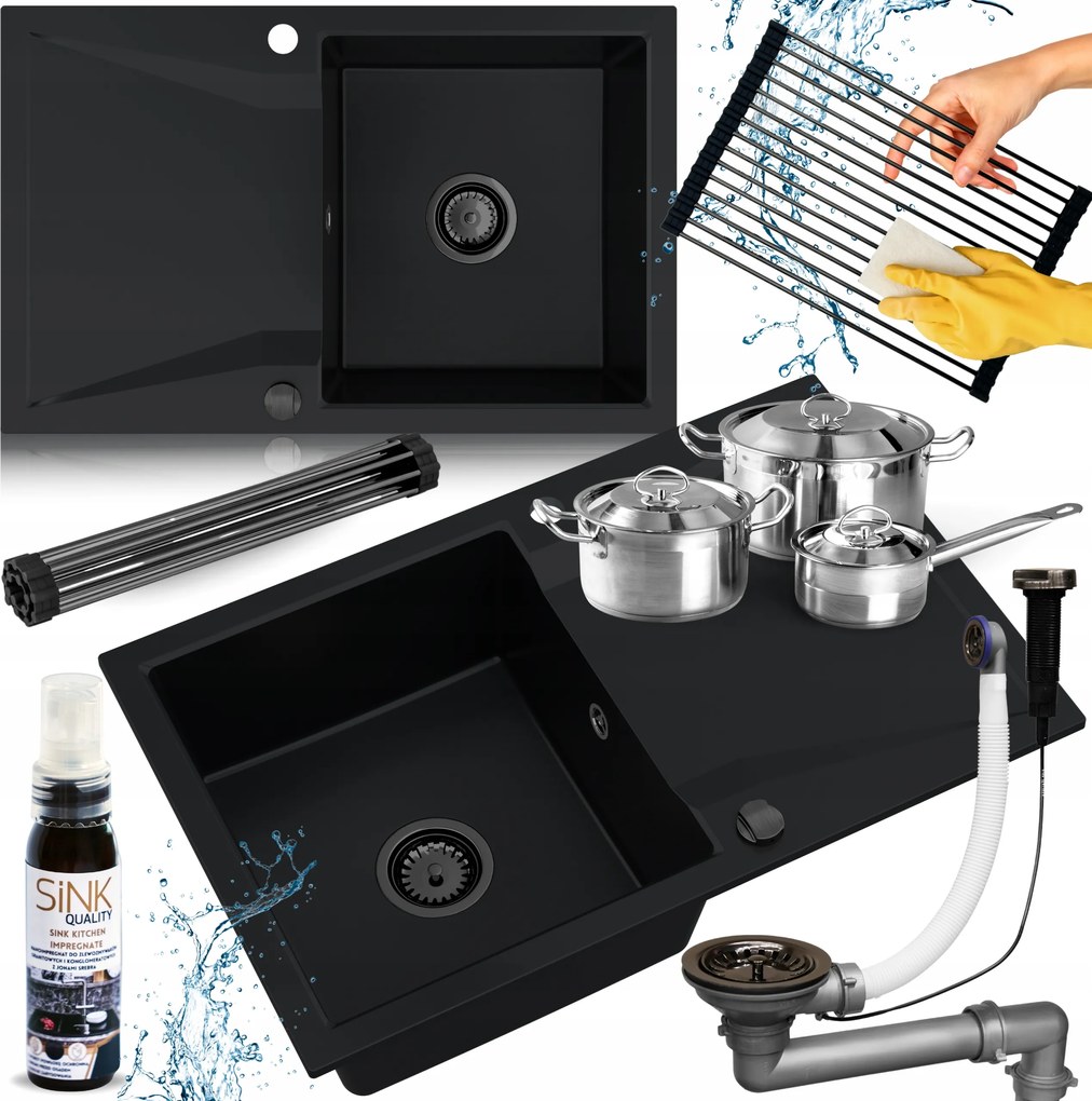 Egymedencés Mosogató Fekete Gránit Szifon Automata Görgős Szőnyeg 7in1