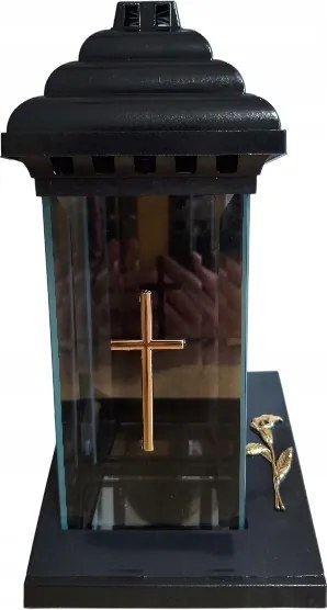 Üveg Mécses Kápolna Négyzet Fekete Arany Kereszttel És Kálával Magasság 32