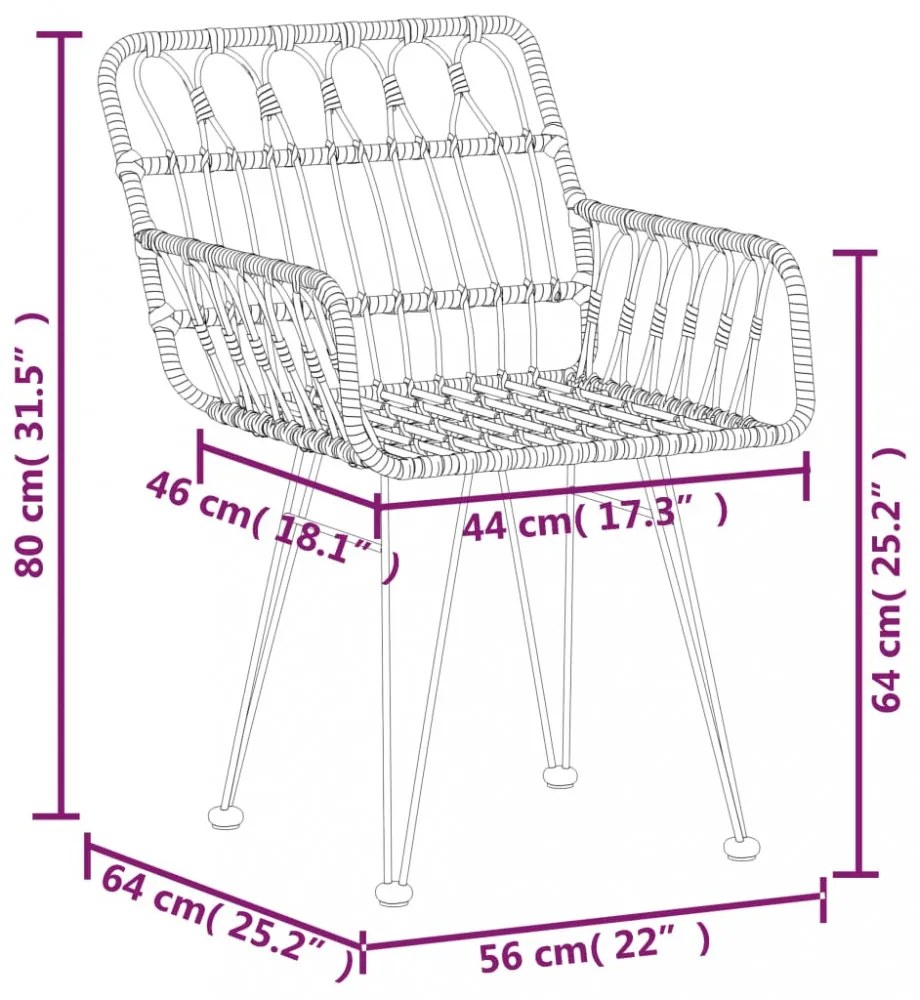 2 db fekete PE rattan karfás kerti szék 56 x 64 x 80 cm