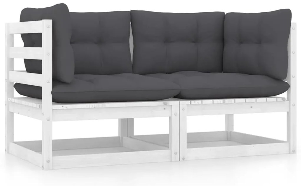 vidaXL kétszemélyes fehér tömör fenyőfa kerti kanapé párnákkal