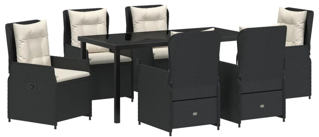 7 Darabos Kert Étkezőszett Fekete Polirattan, Kerti Asztal Fekete 160x80x73 cm Edzett Üveggel