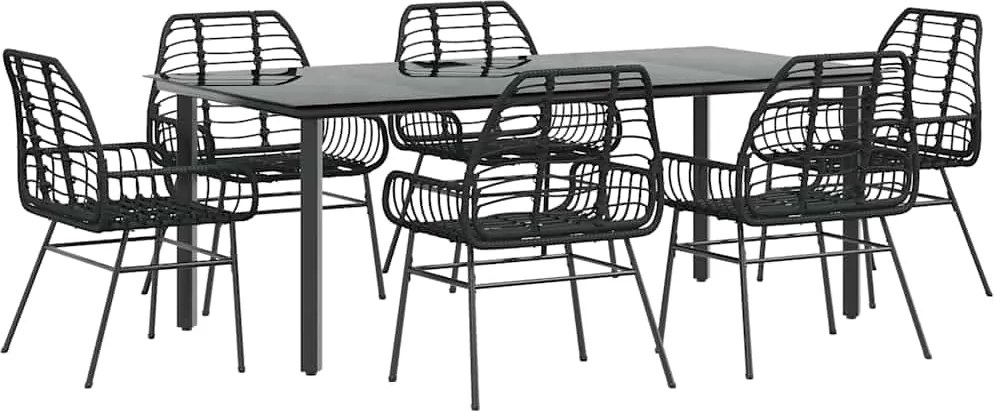 vidaXL 7 részes fekete polyrattan üveg kerti étkezőgarnitúra