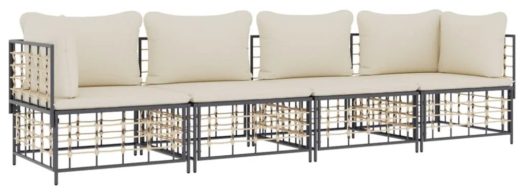 4 részes antracitszürke polyrattan kerti ülőgarnitúra párnákkal