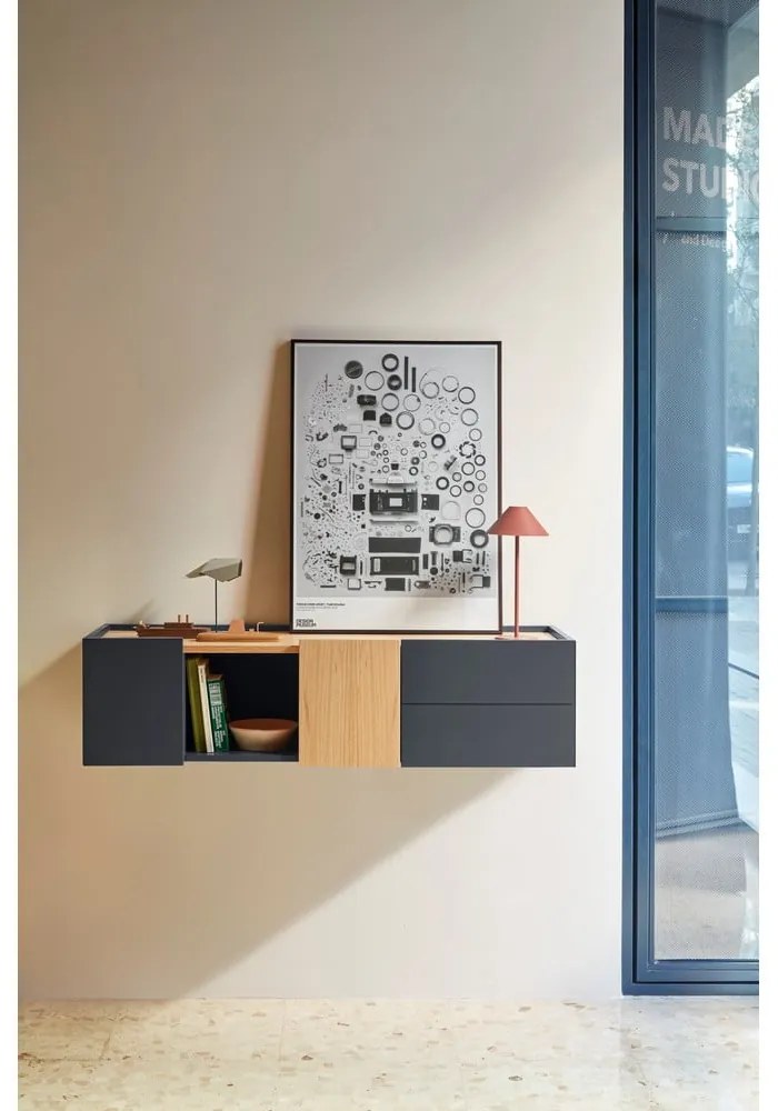 Antracitszürke-natúr színű alacsony komód tölgyfa dekorral 110x23 cm Otto – Teulat