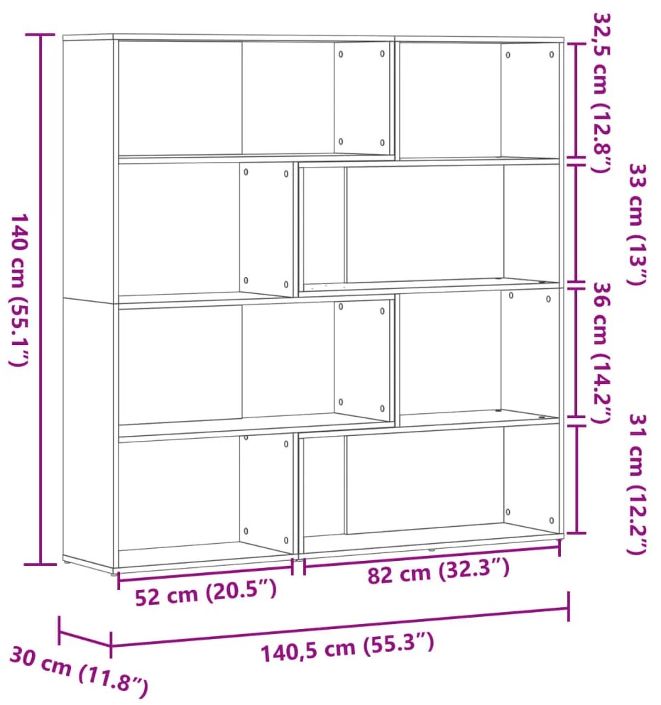 4 szintes tölgy színű szerelt fa sarokkönyvespolc 85x85x140 cm