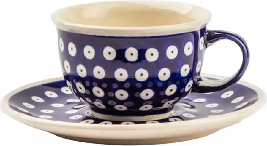 Csésze csészealjjal kerámia Bolesławiec Kézműves kék 10cm 200ml