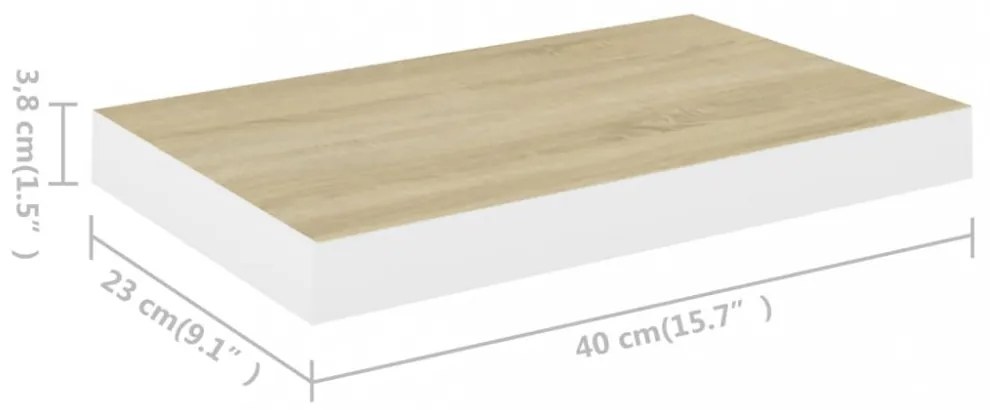 2 db tölgyszínű és fehér MDF lebegő fali polc 40 x 23 x 3,8 cm