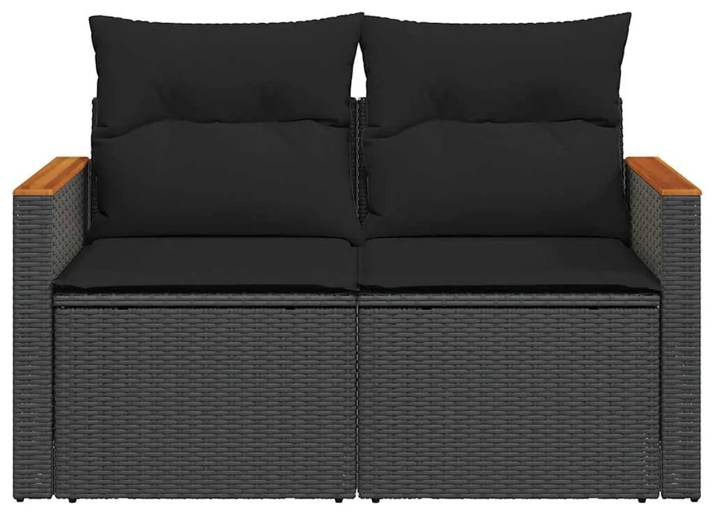 2 személyes fekete polyrattan kerti kanapé párnával
