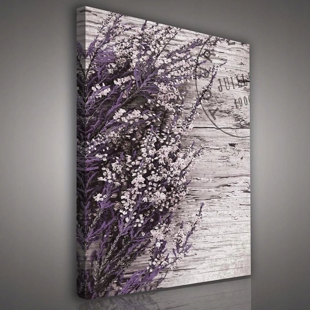 Vászonkép 75x100 Hanga virágok lila fehér fa textúra csendélet