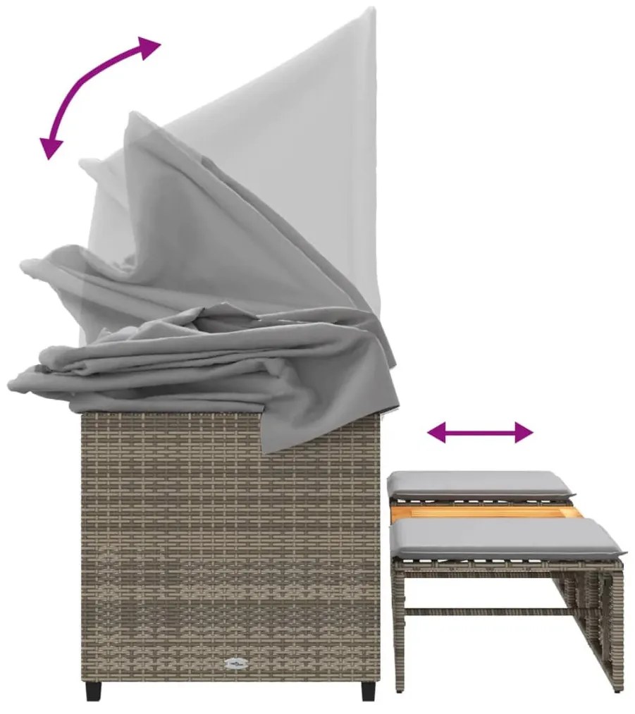 3 személyes szürke polyrattan kerti kanapé baldachinnal/székkel