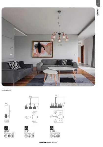 Redo 01-1580 - EDISON függőlámpa kábelen, 5xE27/42W/230V, Ø 53 cm, fekete/rézszínű