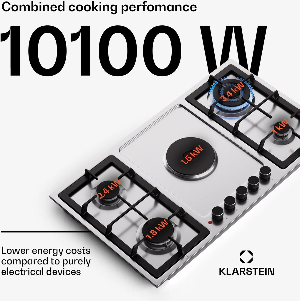 Klarstein MultiChef 5 Hot Plate, villany és gáz főzőlap, 5 főzőzóna, 4 égő, 1 villany főzőlap