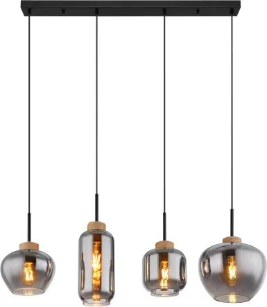 Globo 15549-4H Függeszték fém matt fekete, füstszínű üveg, natúr kender színű, fekete PVC kábel, 4 különböző üvegforma, HxSzxM.: 960x230x1200mm, üveg átmérő: 1x 18,5cm, 12cm, 16cm, 23cm egyenként, nem tartozék: 4x E27 40W 230V