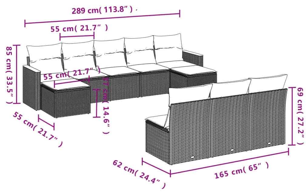 10 részes fekete polyrattan kerti ülőgarnitúra párnákkal