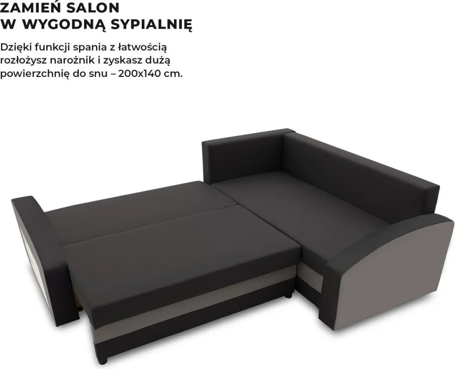 Grande sarokkanapé polcokkal , polc a bal karfaban, jobboldali, szövet anyag, hab töltet, fekete - szürke