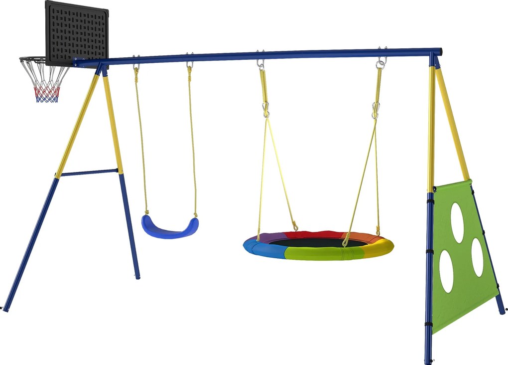 AIYAPLAY 4 az 1-ben gyerek hinta – acél A-váz, fészekhinta, ülőhinta, kosárpalánk és focikapu, állítható kötelek, 3–8 éveseknek, 288 x 160 x 220 cm |