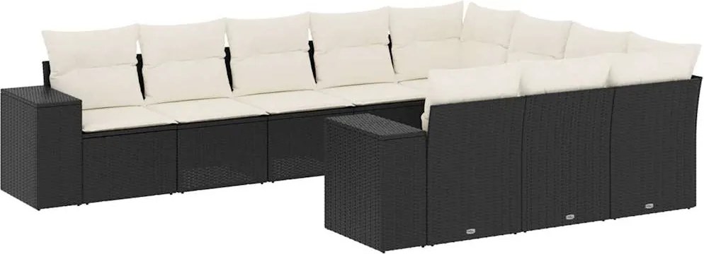 vidaXL 10 részes fekete polyrattan kerti ülőgarnitúra párnákkal