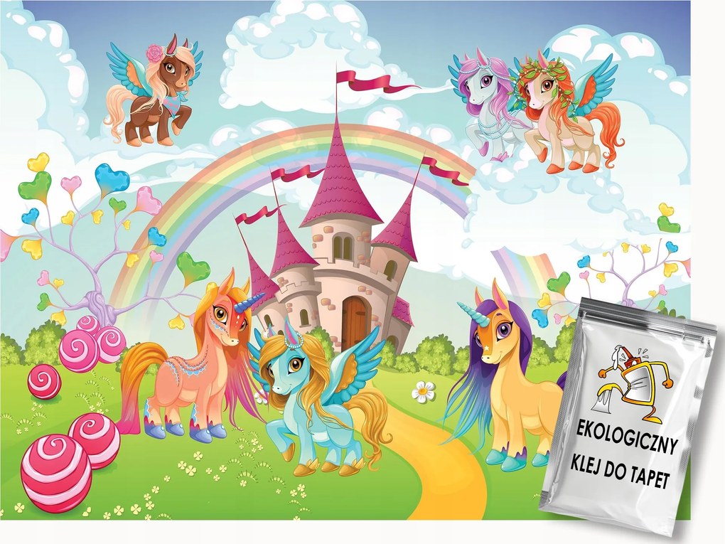 Fotótapéta Flizelina Gyerekek Kastély Szivárvány Unikornis Mese 100x75 ragasztó