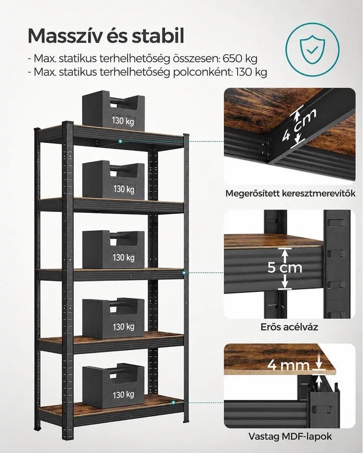 Nagy teherbírású tárolópolc, 5 állítható polccal, 650 kg teherbírás, 75 x 30 x 150 cm, rusztikus barna/fekete