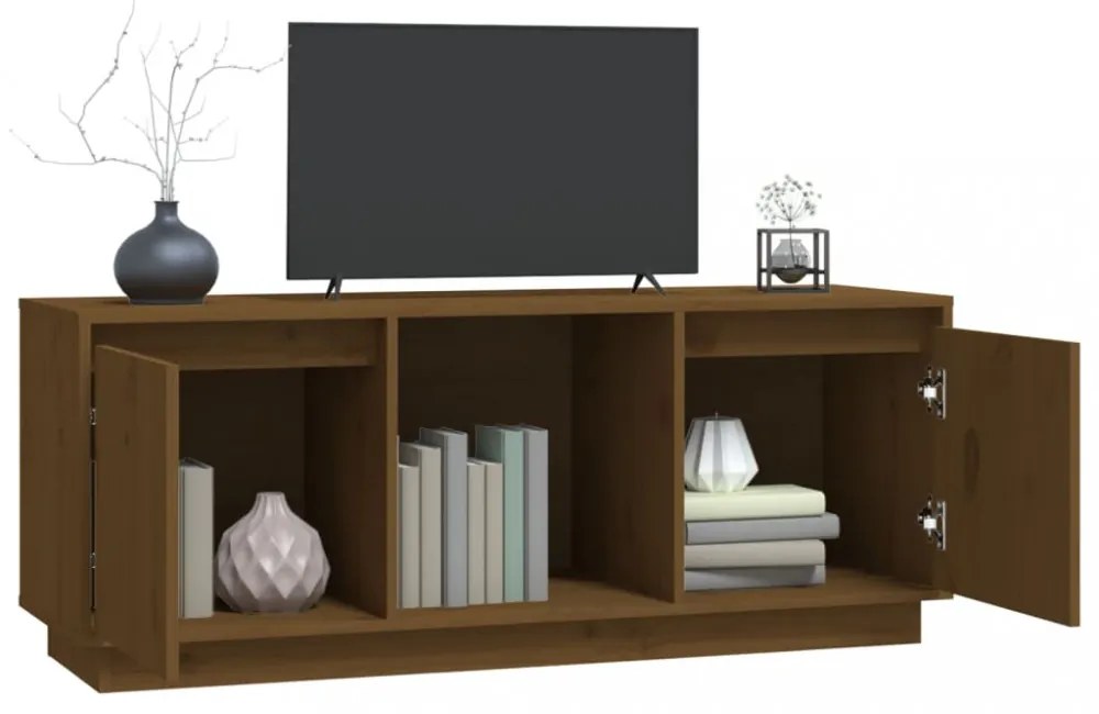 mézbarna tömör fenyőfa TV-szekrény 110,5x35x44 cm