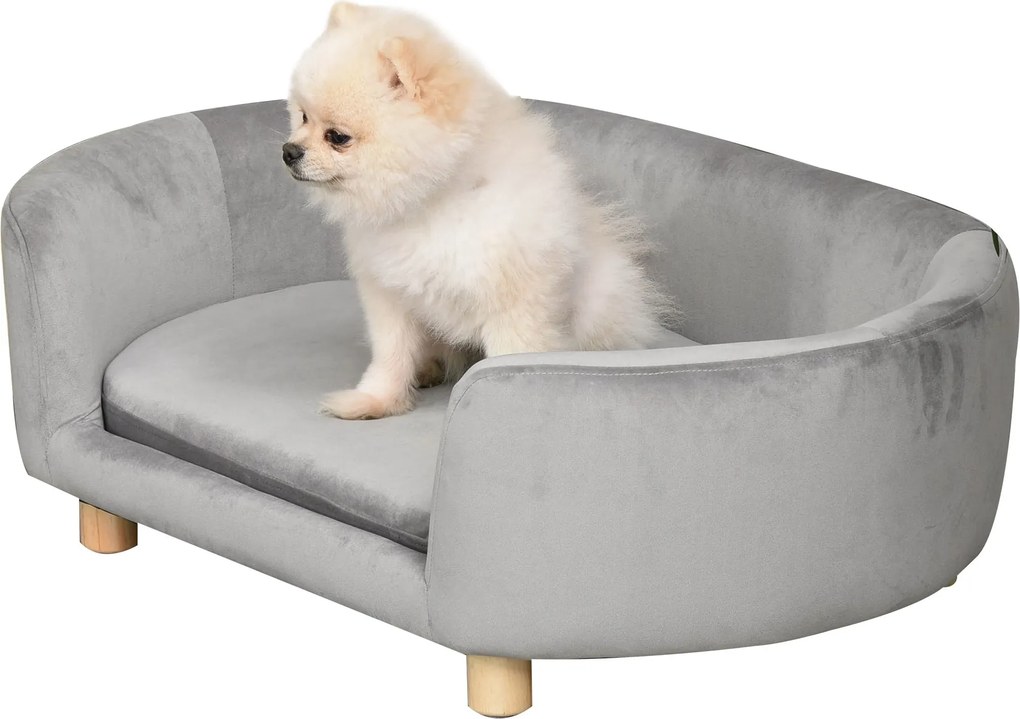 PawHut Kiskedvenc Kanapé Kutyabútor Holland Velúr Habos Bükk Lábbal Macskáknak és Kutyáknak 86 x 55 x 33 cm Világosszürke | Aosom