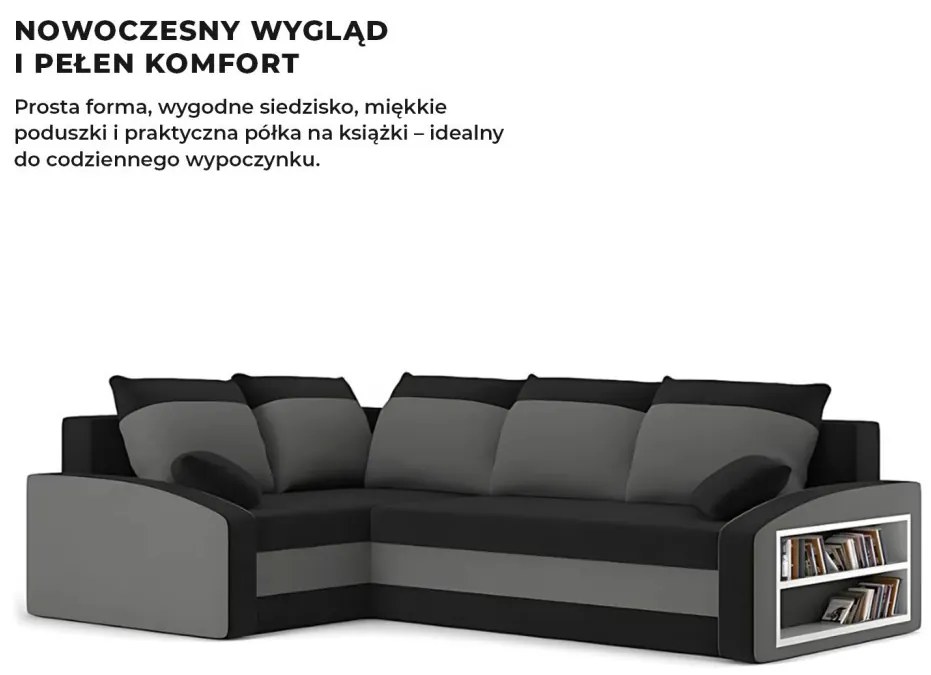 Grande sarokkanapé polcokkal , polc a jobb karfaban, baloldali, szövet anyag, bonell töltet, fekete - szürke